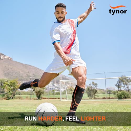 TYNOR Calf Compression Sleeves for Men and Women Calf Brace Adjustable Shin Splint Support - Lower Leg Compression Wrap for Shin Splints,Pain Relief, Circulation, Muscle Swelling, Small, 1 Pair Black & Orange S