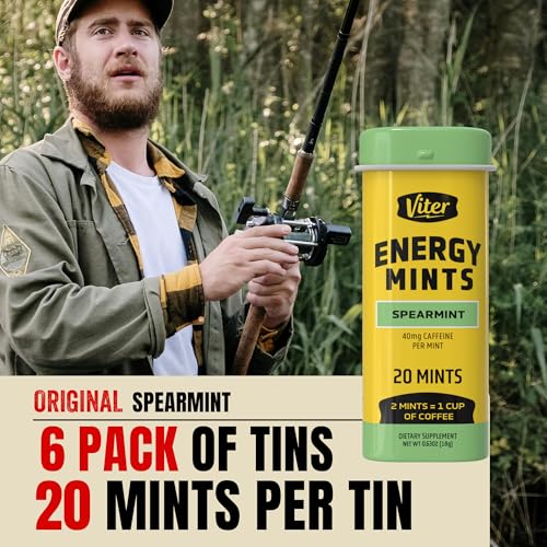 Viter Energy 40mg Caffeine Mints - Sugar Free, B Vitamins, Vegan, Boosts Fast Energized Alert Focus, Caffeinated Nootropic Supplement Pills (Spearmint Flavor, 20pcs, 6 Pack, 120pcs Total) Spearmint 20 Count (Pack of 6)