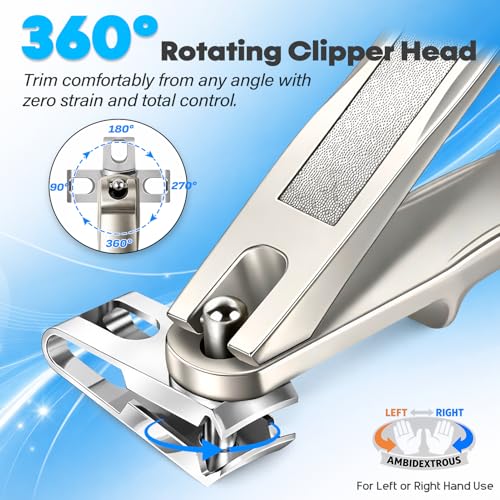 8-in-1 Heavy Duty Toenail & Fingernail Clippers for Seniors Men with Thick & Ingrown Nails - Manicure Pedicure Kit with 360° Swivel Head - Professional Wide Jaw Podiatrist Tools