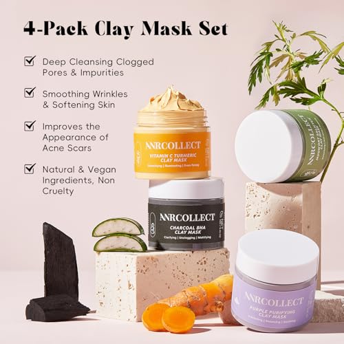 ANRCOLLECT Face and Lip Skincare Set with Clay Mask Set(4 Pack) and 1 Lip Care Kit(1 Lip Scrub and 3 Lip Mask)
