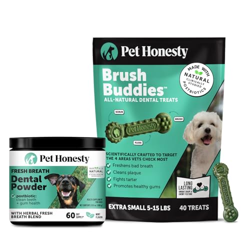 Pet Honesty Dog Dental Care Virtual Bundle – Breath Freshener Dental Powder for Large Dogs (60 Servings) + Brush Buddies Dental Sticks for Extra Small Dogs (40 Ct) – Teeth Cleaning, Plaque Support