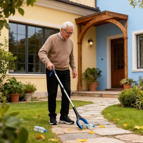 MXCOIRTP Assistive Device No Bending Kit for Elderly -Sock Aids, Foldable Reacher Grabber with 360° Rotating Jaw & Magnet, Long Shoe Horn Handle & Dressing Stick & Back Scratcher for Seniors, Disabled Black & Blue