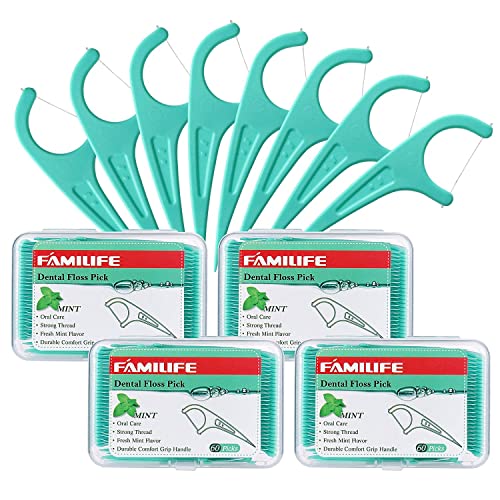 FAMILIFE Floss Picks Mint Dental Floss Picks with 4 Travel Handy Cases 240 Count Flossers and 240 Picks Threader Flosser with 4 Travel Cases