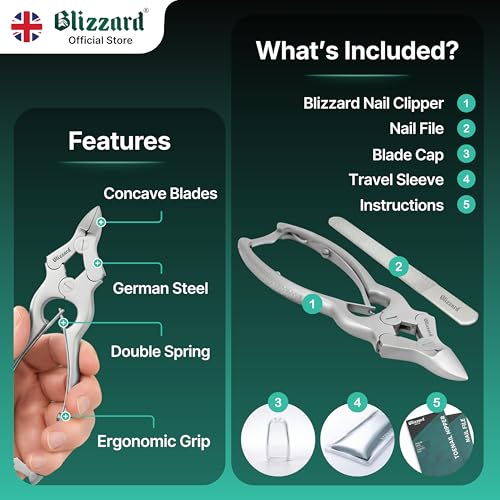 Blizzard Toe Nail Clippers for Thick Nails - Podiatrist Nail Nippers for Seniors - Heavy Duty Cantilever Toenail Clippers for Men - German Steel Podiatry Tool with Toenail File - 15cm Double Spring 15cm - Double Spring