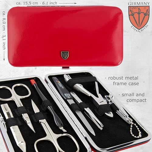 3 Swords Germany - brand quality 7 piece manicure pedicure grooming kit set for professional finger & toe nail care scissors clipper fashion leather case in gift box, Made by 3 Swords Germany (6288) Red