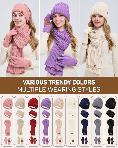 Women Winter Beanie Hat Scarf Gloves Headband Set, Fleece Lined Hat Ear Warmer Knit Long Scarf Touchscreen Gloves 4 Gift Set One Size White