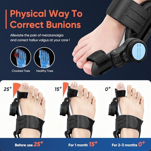 Bunion Corrector for Women & Men, Adjustable Knob Dual-Action Bunion Splint with Silicone Pad - Orthopedic Toe Straightener & Separator for Hallux Valgus Relief, Fits Left/Right Feet (Black) Black