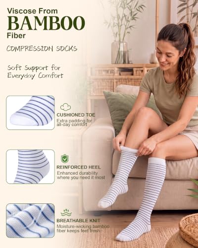 Bamboo Compression Socks for Women, 4 Pairs, 15-20 mmHg, Knee-High Support Small-Medium 02-blue