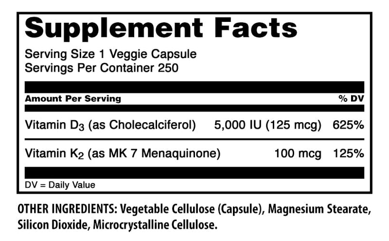 Amazing Formulas Vitamin D3 5000 IU with Vitamin K2 100 Mcg| 250 Veggie Capsules | D3 + K2 Complex | Non-GMO | Gluten Free | Made in USA 250 Count