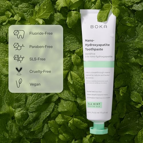 Boka Fluoride Free Toothpaste, Nano Hydroxyapatite Toothpaste, Appropriate for Sensitive Teeth - for Adult Oral Care - Ela Mint Flavor, 4 Fl Oz 1Pk and Boka Teeth Whitening Brightboost Powder Bundle