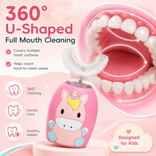 U Shaped Toothbrush for Kids, Automatic Electric Toothbrush with 4 Brush Heads, 360° Full Mouth Cleaning Toothbrush for Children, 2 Modes Rechargeable Kids Toothbrush with Cartoon Design Pink