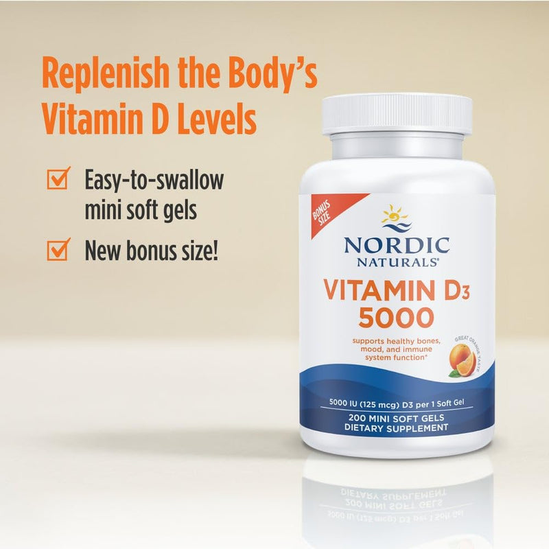 Nordic Naturals Vitamin D3 5000 IU, Non-GMO, Orange - 200 Mini Softgels | High-potency vitamin D3 for bone health, mood support & immune function. One mini softgel daily. Non-GMO. 200 servings 1 Count (Pack of 200)