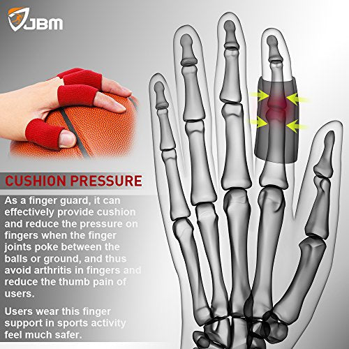 JBM Adult Finger Brace Splint Sleeve Thumb Support Protector Soft Comfortable Cushion Pressure Safe Elastic Breathable for Basketball Volleyball Baseball Badminton Tennis Boating Gym (Red) (Pack of 2) Red One Size (Pack of 2)