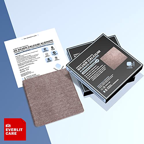 EVERLIT AG Silver Calcium Alginate Wound Dressing | Absorbent Non-Stick Sterile Dressing Pad | Gentle Gauze with Natural Gelling Fiber for Wound Care 4" x 4" | Pack of 5