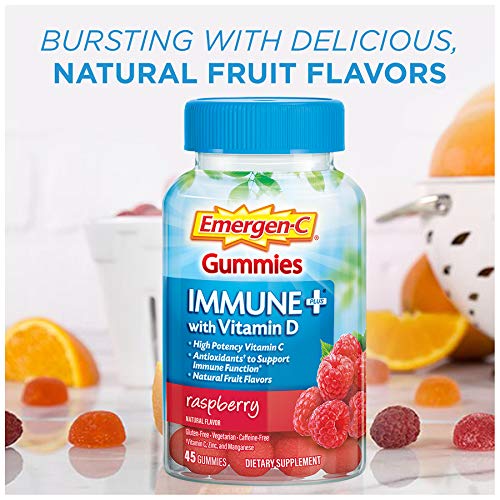 Emergen-C Immune+ Triple Action Immune Support Gummies, BetaVia (R), 1000mg Vitamin C, B Vitamins, Vitamin D and Antioxidants, Raspberry – 45 Count 45 Count (Pack of 1)