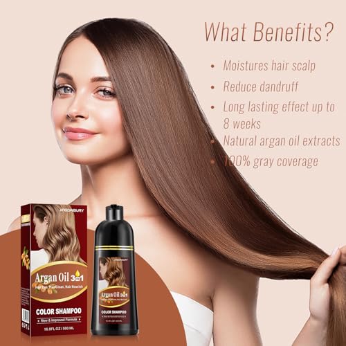 Light Brown Hair Dye Shampoo with Argan Oil, 3-in-1 Long-Lasting Formula for Men & Women, Easy to Use, 16.9 Fl Oz Light brown