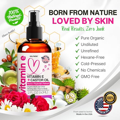Organic Vitamin E Oil for Scars, Stretch Marks Removal, Wrinkles & Cellulite - Scar Away Treatment Bio Oil with Castor, Rosehip, Jojoba, Almond - Hydrating & Moisturizing Skincare - Face & Body Oil