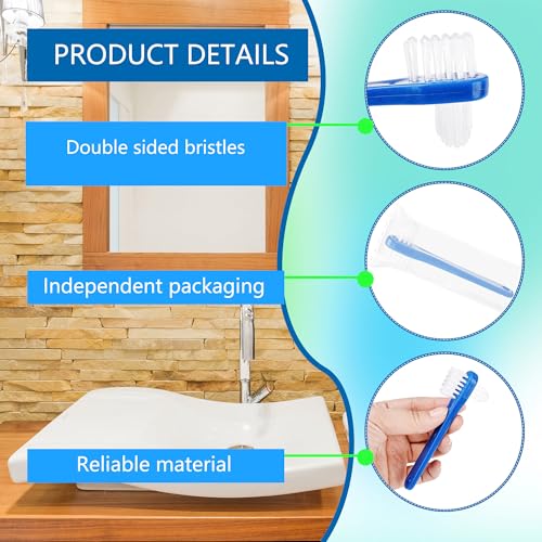 100 Pcs Denture Brush Bulk Small Hard Bristle Dual Head Individually Wrapped Brushes Blue Portable Toothbrushes for Denture Care Cleaning Dental Hospital Braces Unisex