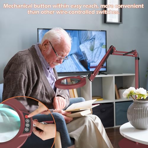 12X Real Glass Magnifying Glass with Light and Stand, LED 5 Color Modes, Stepless Dimmable Magnifying Floor Lamp, 3-in-1 Adjustable Swing Arm Lighted Magnifier Lamp with Clamp for Craft - Red 12X
