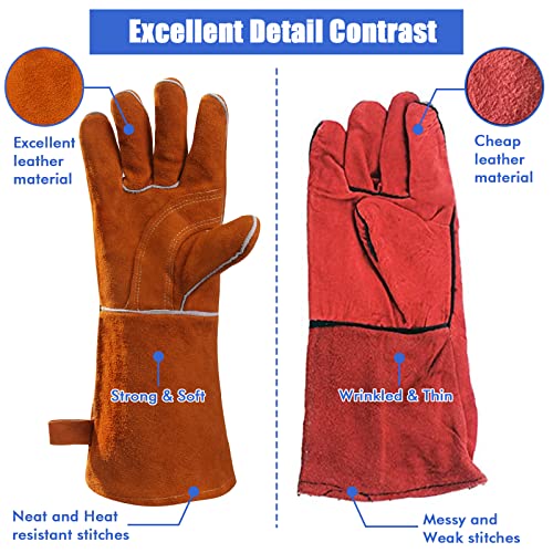 QeeLink Welding Gloves for Men - Fireproof Leather and Stitching Brown (16-inch)