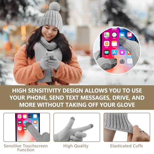 5 Pcs Womens Hat Scarf Gloves Set Winter Beanies Ear Muffs Touch Screen Gloves Knit Fuzzy Fleece Skull Cap Gifts Grey