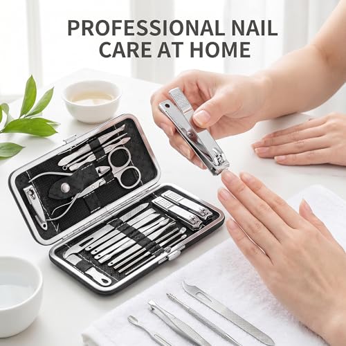 19-Piece Nail Clippers Set: Professional Fingernail & Ingrown Toenail Clipper Cutters for Men and Women – Stainless Steel Grooming Kit with Stylish Leather Travel Case! (Black-19Pcs) Black-19pcs