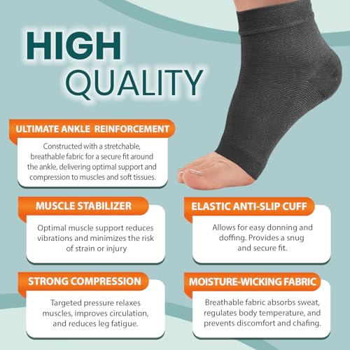 PhysFlex Ankle Brace Support - Ankle Compression Sleeve - Foot Brace for Women & Men - Tendonitis & Arthritis Ankle Brace Sports Running, Plantar Fasciitis Relief & Stabilizing Ankle Wrap Solid Black Medium 1-PAIR