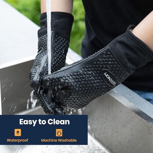 GEEKHOM BBQ Gloves Heat Resistant, 13.7 Inch Long Waterproof Silicone Oven Mitts for Grilling and Smoker, Non-Slip 5 Finger Kitchen Hot Mitts for Baking, Cooking & Cast Iron, Black Large