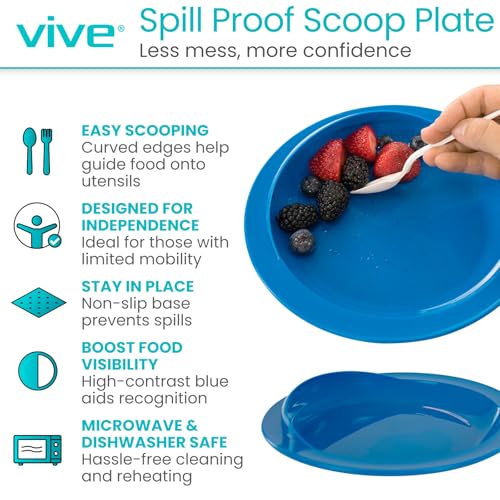 Vive Spill-Proof Scoop Plate, 9" (6 Pack) - Dish with Wall for Disabled, Handicapped, Elderly Adults with Special Needs from Parkinsons, Dementia, Stroke, Tremors with - Non Skid Padded Bottom Blue 1 Count (Pack of 6)