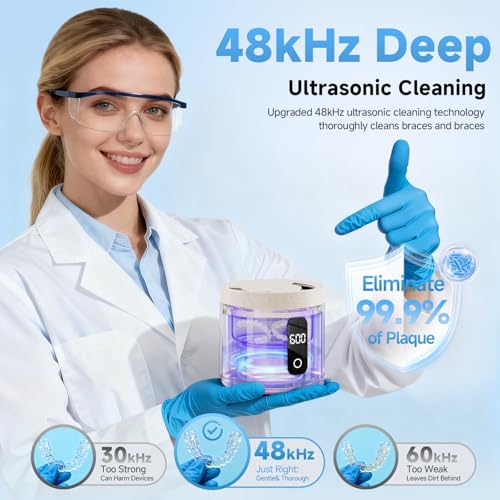 Ultrasonic Retainer Cleaner Machine, 45kHz ultrasonic Cleaner for Denture/Jewelry/Toothbrush with 4 Cleaning Modes, Digital Timer, 200ML Mouth Guard Cleaner for Aligner Beige