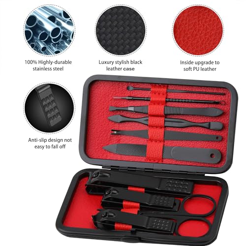 Glamne Manicure Set Nail Clippers Kit Professional Stainless Steel Nail Care Tools with Leather Travel Case 10 in 1 Black Red