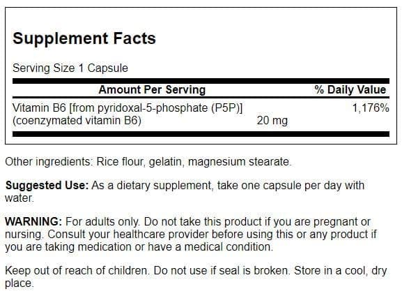 Swanson P-5-P (Pyridoxal-5-Phosphate) Coenzymated Vitaminb-6 20 Milligrams 60 Capsules (1 Pack) | Coenzymated Vitamin B-6 That Bypasses Liver Conversion, Goes to Work Immediately to Promote Cardiovascular Maintenance 60 Count (Pack of 1)