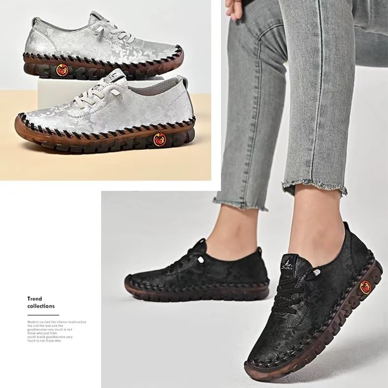 Women's Leather Soft Bottom Flat Slip-on Loafers Fashion Handmade Floral Embroidery Walking Shoes Comfort Orthopedic 4D Pain Relief Casual Shoes Pink 9