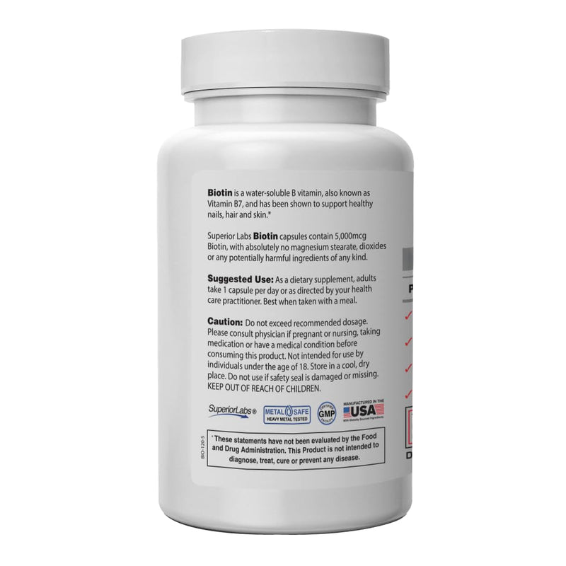 Superior Labs – Best Natural Biotin NonGMO Supplement – for Luscious Longer Hair and Lashes – Stronger Nails – Healthy Skin – Energy Booster – Healthy Weight - 5000 mcg, 120 Vegetable Caps