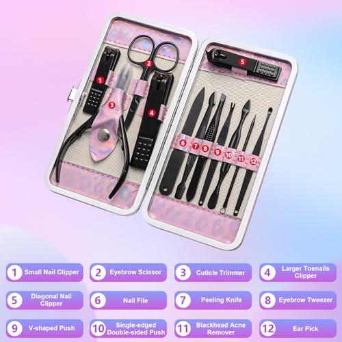 ANRUI Manicure Kit Nail Clippers Set Pedicure Kit, 12 Pieces Professional Grooming Kit, Stainless Steel Nail Care Kit for Women and Men with Luxurious Travel Case -Black