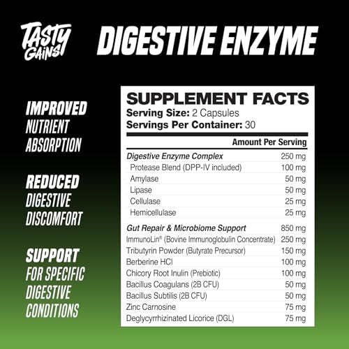 TASTY GAINS - Digestive Enzymes - Complete Digestive Enzymes Supplement for Gut Health, Bloating Relief for Men and Women - Food Discomfort Relief & Debloat (60 Capsules)