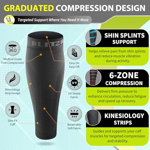 BLITZU Calf Compression Sleeves, 3 Pairs, Shin Splint Relief Running Socks Black Large-X-Large