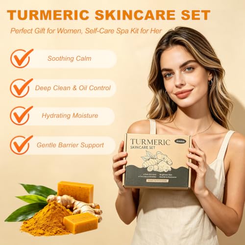 Turmeric Wash and Care 4 Piece Set,Turmeric Skincare Set: Turmeric Facial Cleanser,Cleansing Pad,Soap bar & Essential Oil, Deep Cleansing for Face & Body 5 Ounce (Pack of 1) orange