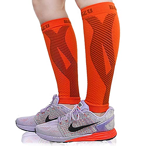 BLITZU 3 Pairs Calf Compression Sleeves for Women and Men Size XXL, One Orange, Black, White Calf Sleeve, Leg Compression Sleeve for Calf Pain and Shin Splints. Footless Compression Socks.