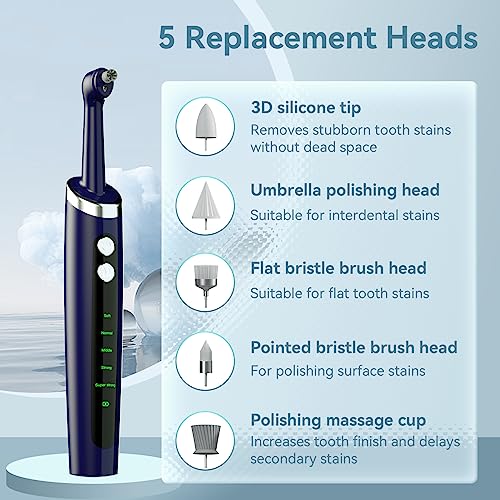Tooth Polisher Electric Professional with USB Rechargeable, Tooth Polisher 5 Replacement Heads, IPX6 Waterproof for Adults &Kids Blue