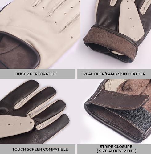 URBAN BUCK Men Winter Real Leather Bike Riding Stripe Perforation Touchscreen Lined Glove Harrison Beige Leather Gloves Medium