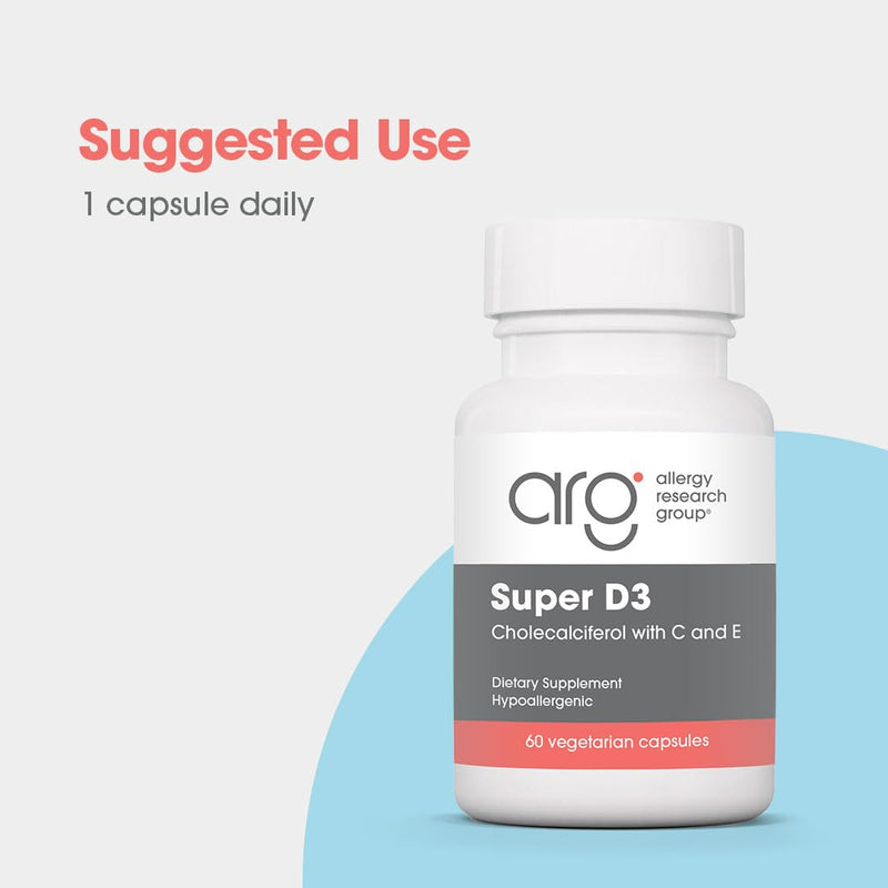 ARG Super D3 Vitamin D3 with Vitamins C and E, 60 Capsules | Cholecalciferol Vitamin D3 Formula for Immune and Bone Health with Vitamins C and E, Hypoallergenic, 60 Servings