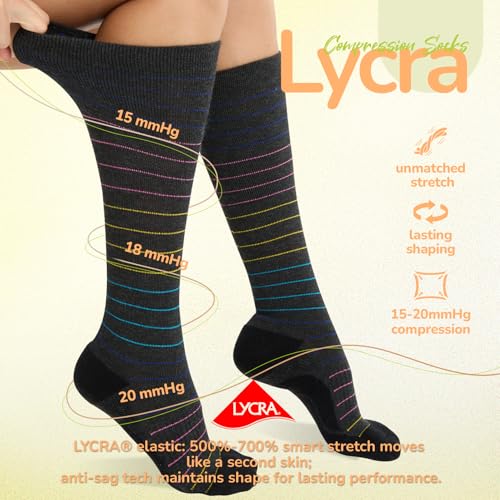 Merino Wool Compression Socks for Women Men 15-20 mmHg for flying Large-X-Large Red&Yellow&Blue