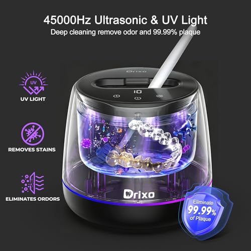 Drixo Ultrasonic Retainer Cleaner Machine, IPX6 Waterproof Dental Cleaning Pod, 3 Modes Denture Cleaner for Night Guard Mouth Guard Braces, 45kHz Denture Dome with UV Light, 200ML Tank, Jet Black