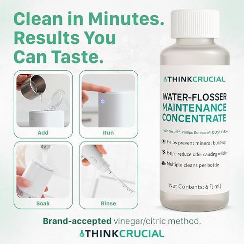 Up to 36 Cleans Think Crucial Water Flosser Cleaner & Descaler Rinse 6oz Super Concentrate - Compatible with All Waterpik Models (WP-660/662, WP-580, WP-560, WP-100) & Philips Sonicare 3000 & More