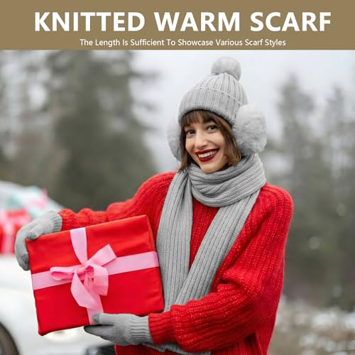 5 Pcs Womens Hat Scarf Gloves Set Winter Beanies Ear Muffs Touch Screen Gloves Knit Fuzzy Fleece Skull Cap Gifts Grey