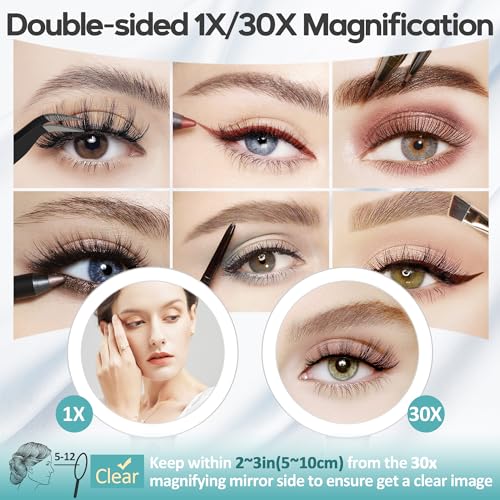 B Beauty Planet Magnifying Mirror with Light 30X, Double-Sided 1X/ 30X Magnifying Makeup Mirror with Tweezer, 2000mAh 3 Colour Modes with Adjustable Brightness,Foldable Travel Mirror(9" L x 7" W) White