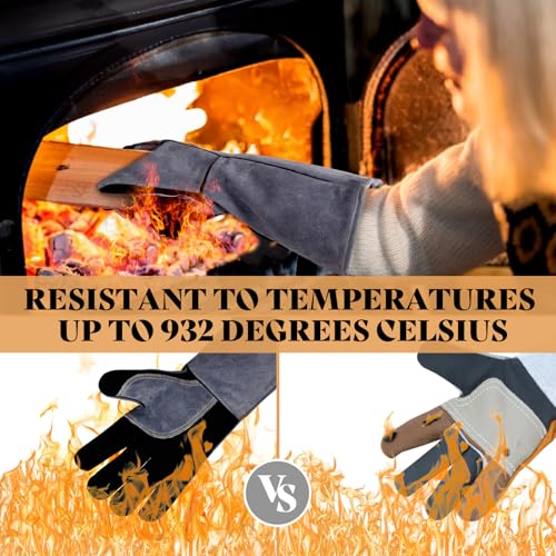16" Leather Forge Welding Gloves, 932℉ Heat/Fire Resistant, Multi-Use Mitts for TIG/MIG Welding, BBQ, Oven, Baking, Furnace, Beekeeping, Animal Handling & Stove Safety，Ambidextrous Large Crey