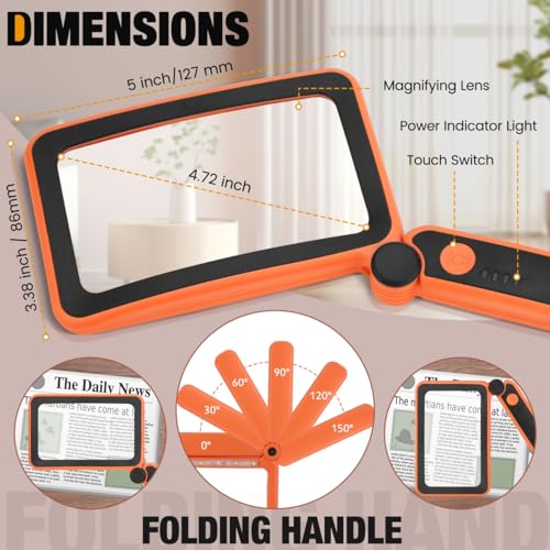 Rechargeable Magnifying Glass with Light for Reading, 6X Large Page Lighted Magnifier for Seniors Low Vision, Folding Handheld Rectangle Magnifier for Reading Small Print Orange-Black Orange Black