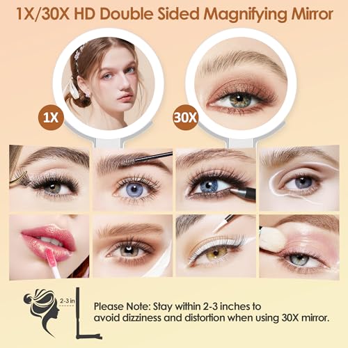 MIYADIVA Travel Makeup Mirror with Lights, Height Adjustable 30X/1X Double-Sided Magnifying Mirror, Portable Vanity Mirror with Tweezers, Handheld Tabletop Hanging, White